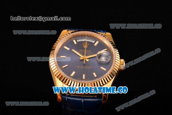 Rolex Day-Date Asia 2813/Swiss ETA 2836/Clone Rolex 3135 Automatic Yellow Gold Case with Stick Markers and Blue Dial (BP) - Click Image to Close